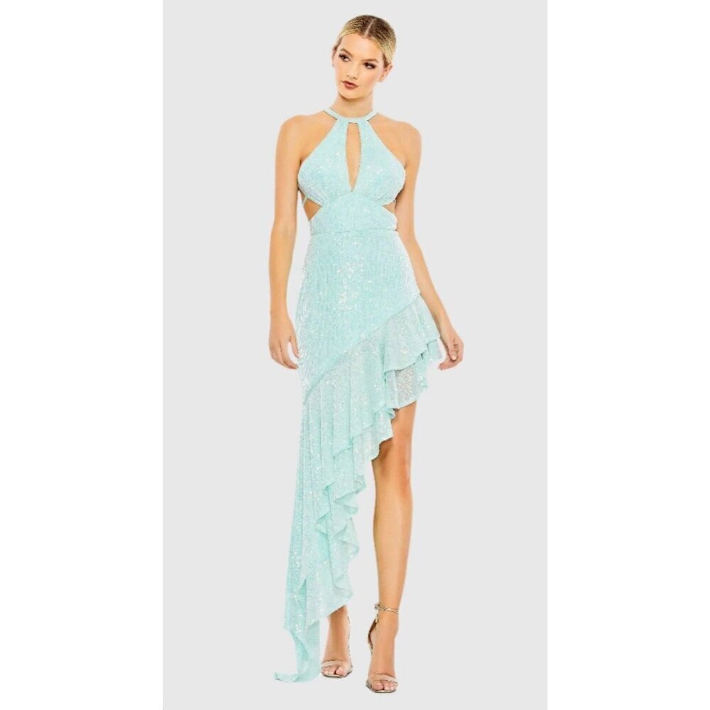 Mac Duggal A11274 Aqua Sequined Halter Cut Out Ruffle Asymmetrical Dress Size 8